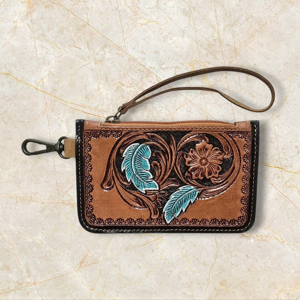 Leather Coin Purse/Wristlet w/Flower Design & Turquoise Leaves- LWCP-Leather-001